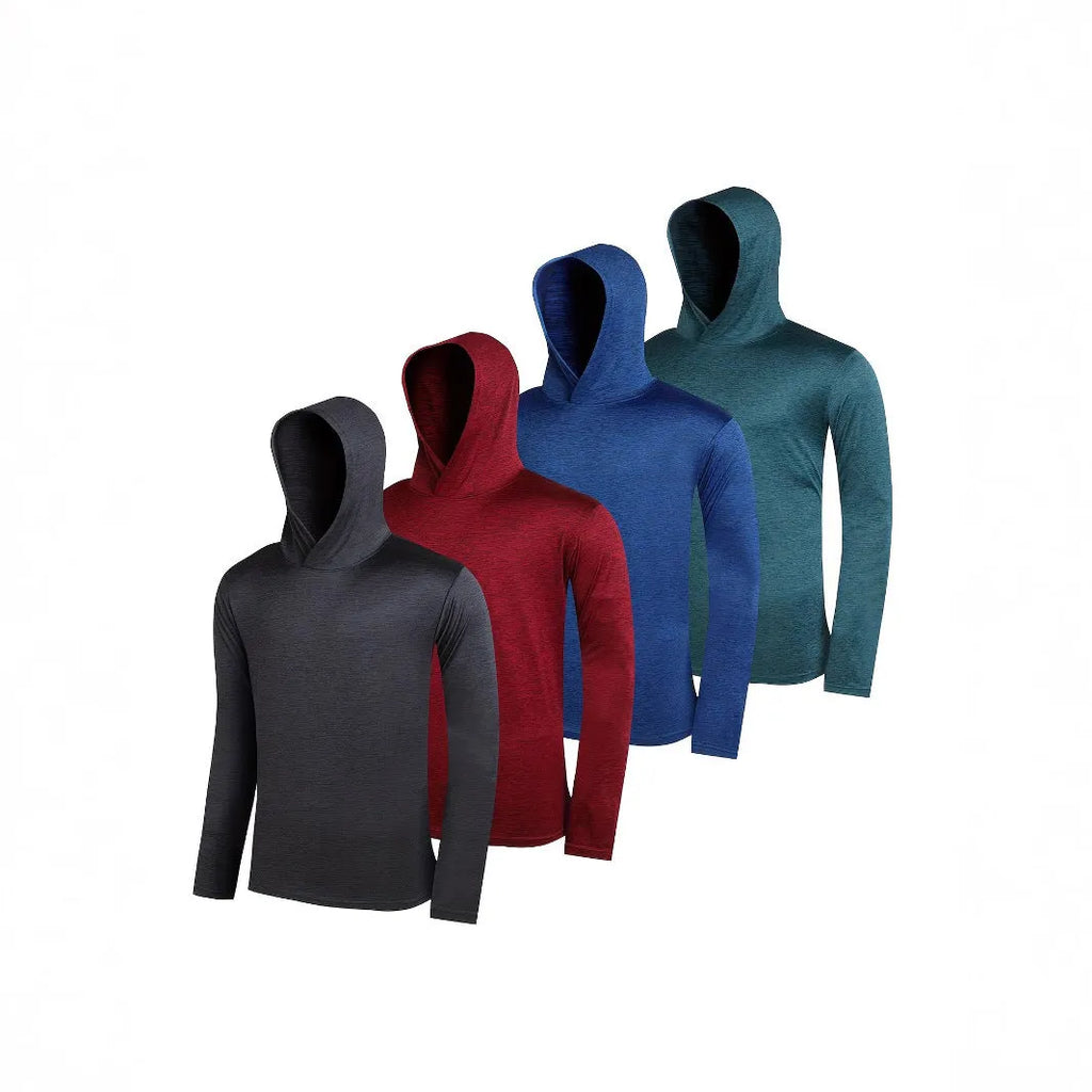 Four men's lightweight hoodies in different colours showing elastic polyester fibre fabric and hooded design