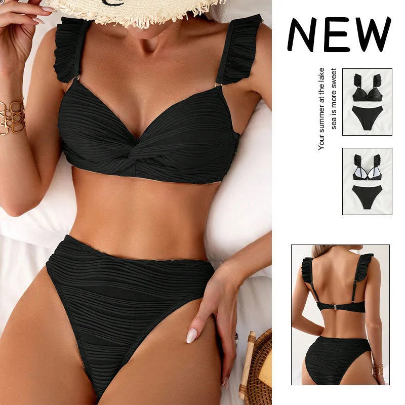 Solid colour women's bikini swimsuit set on a hanger, shown in black and khaki colour options.