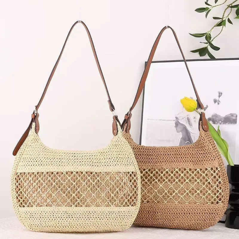Women's straw cross body bag in khaki colour with sandwich pocket and horizontal square shape