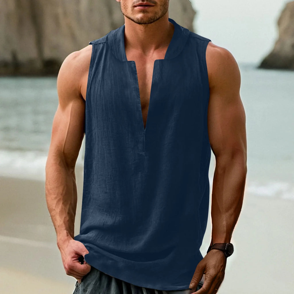 Casual men's sleeveless shirt in a cotton and linen blend, shown in mint green colour.