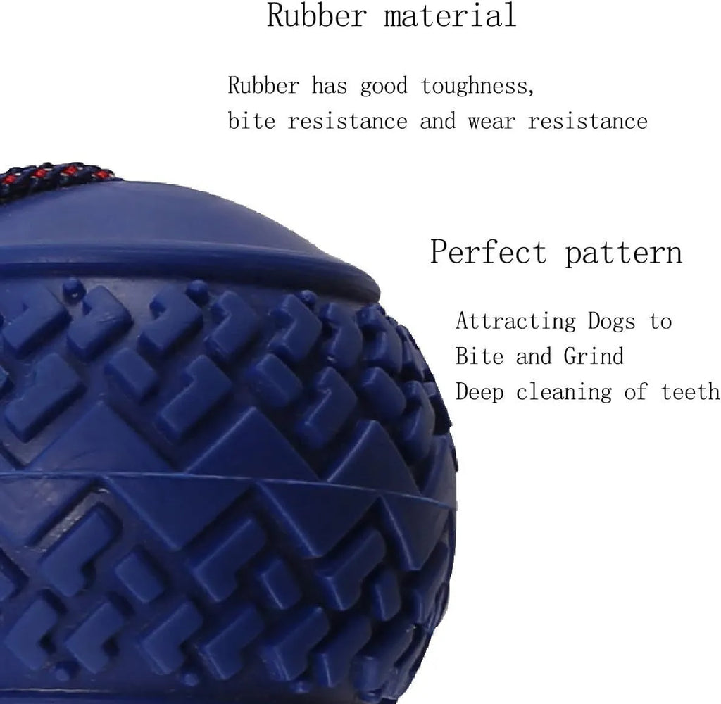 Blue dog ball with attached rope toy for small medium dogs showing textured surface