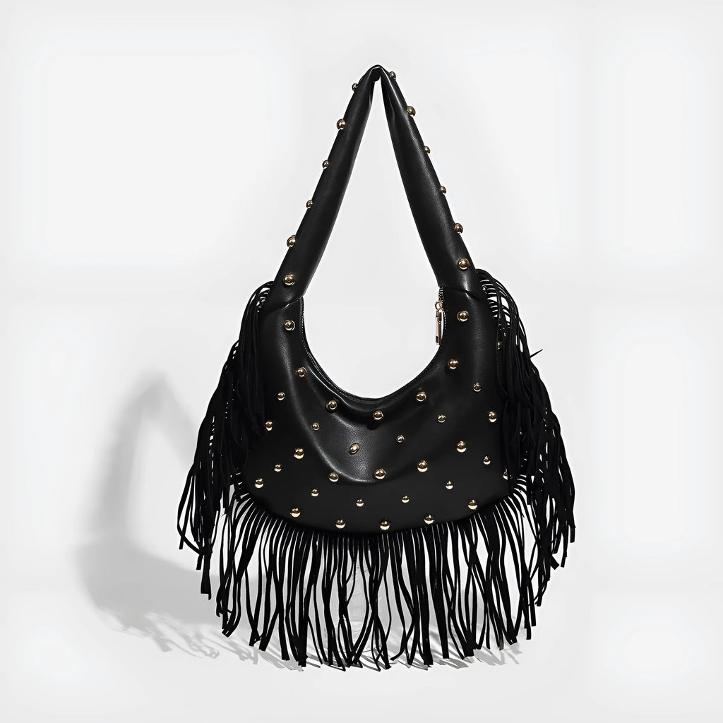Retro tassel shoulder handbag with internal phone compartment in black or wine red colour