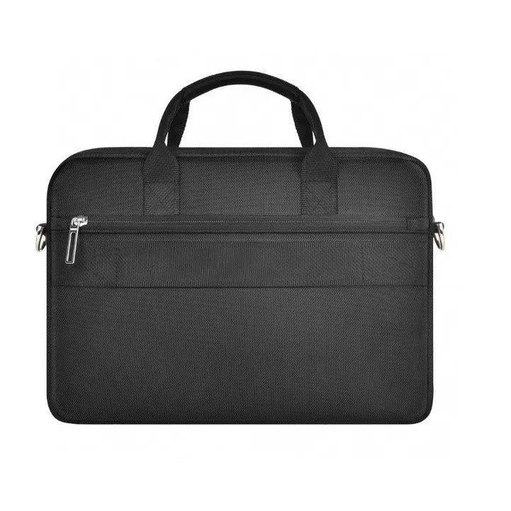 Black Oxford cloth laptop backpack showing multiple organisational pockets and a lock on the front.