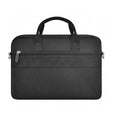 Black Oxford cloth laptop backpack showing multiple organisational pockets and a lock on the front.