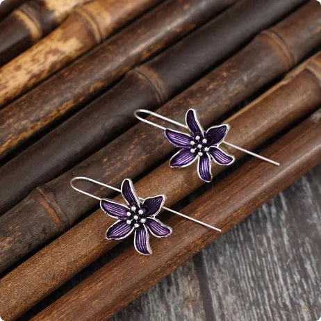 Purple flower-shaped alloy earrings with retro elegant design and electroplated finish