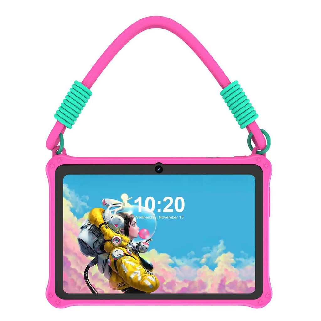 7-inch children's tablet silicone protective case in dark pink and sapphire blue colours with flat strap