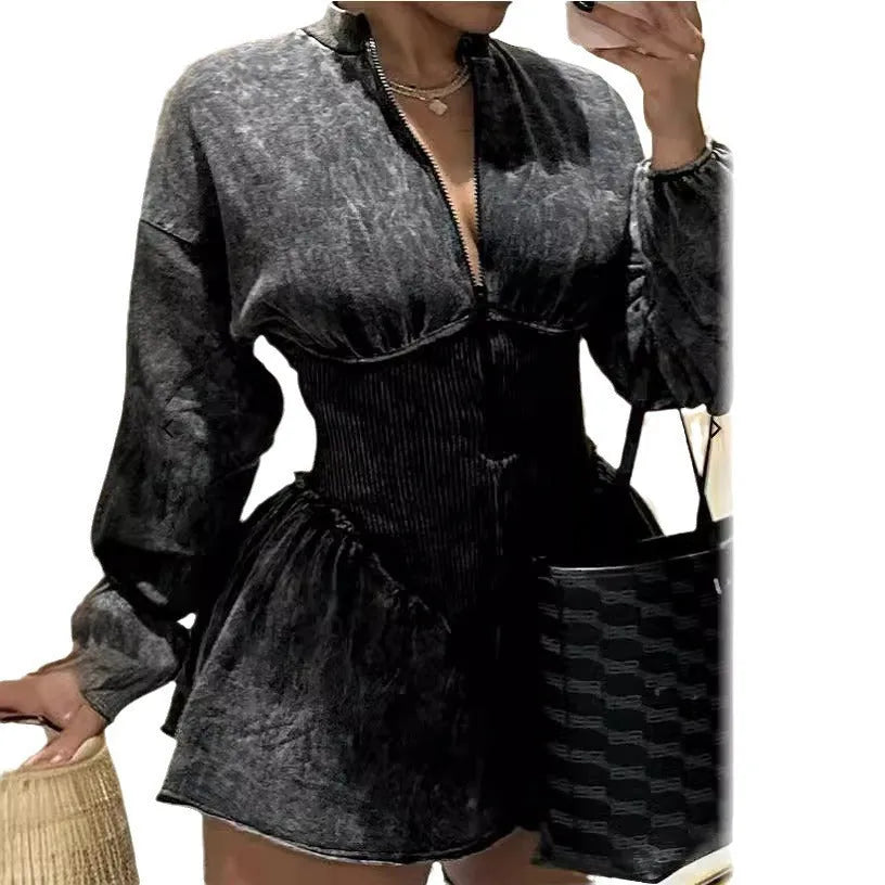 Grey digital print dress with drawstring waistband and slim-fit A-line silhouette