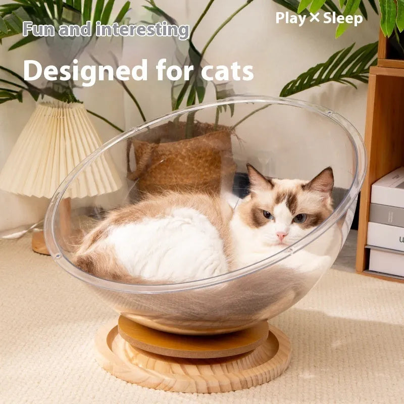 Transparent acrylic cat space capsule turntable with wooden base in cage setting