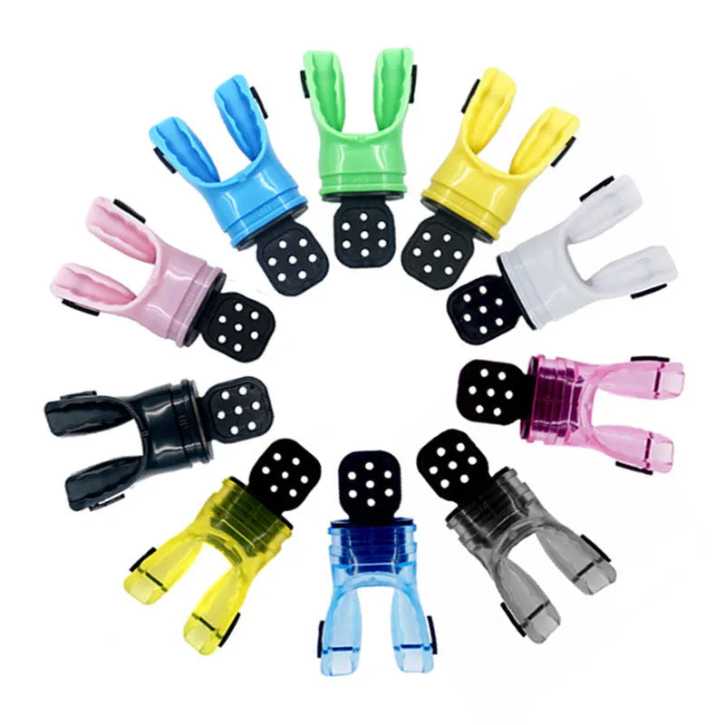 Plastic free edible silicone diving mouthpiece in various colours showing 110mm length