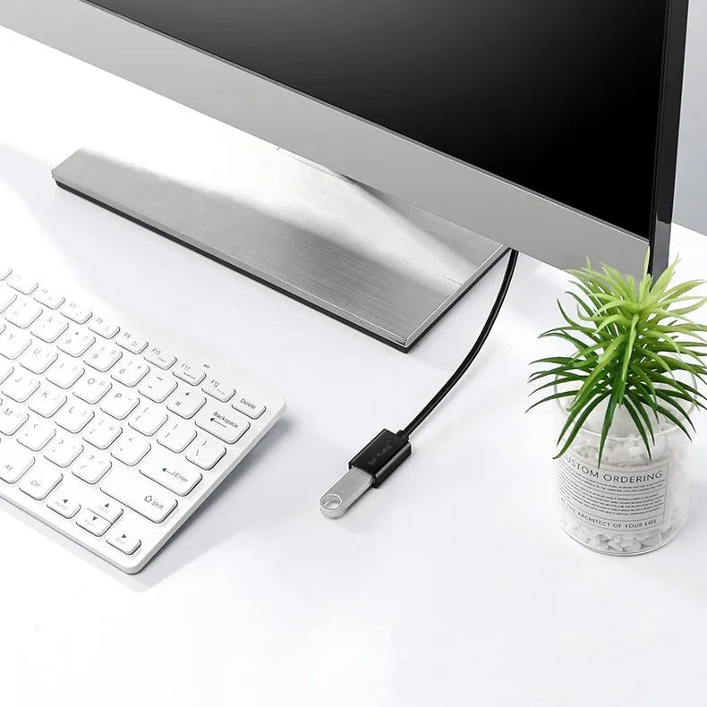 Black USB male to female extension cable showing connector details and available in multiple lengths