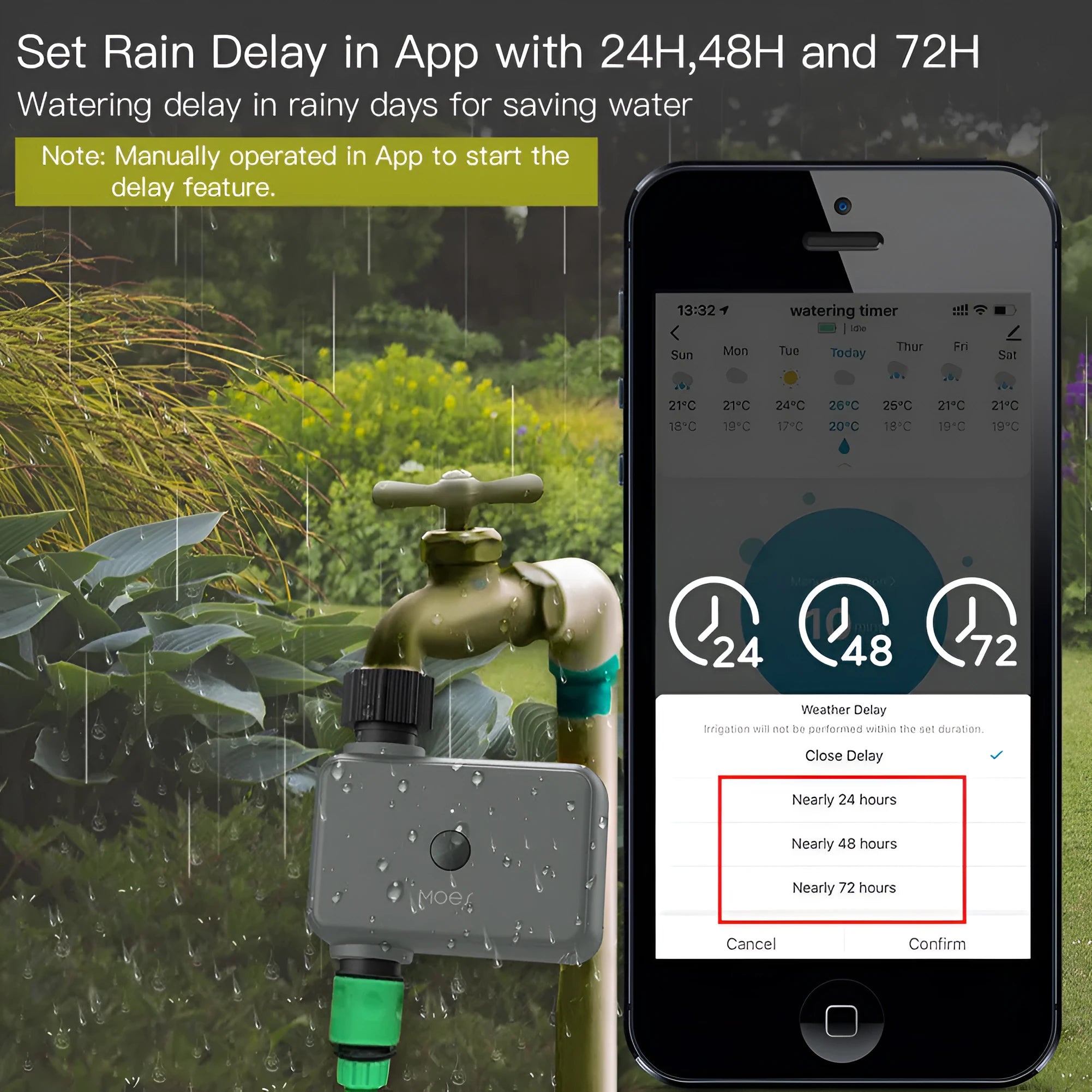 Bluetooth smart garden irrigation timer for hose faucet with smartphone app control.