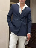 Men's classic striped double-breasted blazer on a hanger