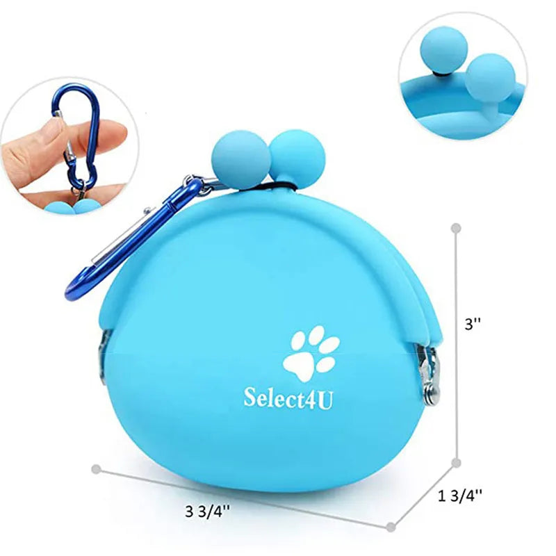 Yellow silicone dog training treat pouch with hook-and-loop strap, shown attached to a waistband.