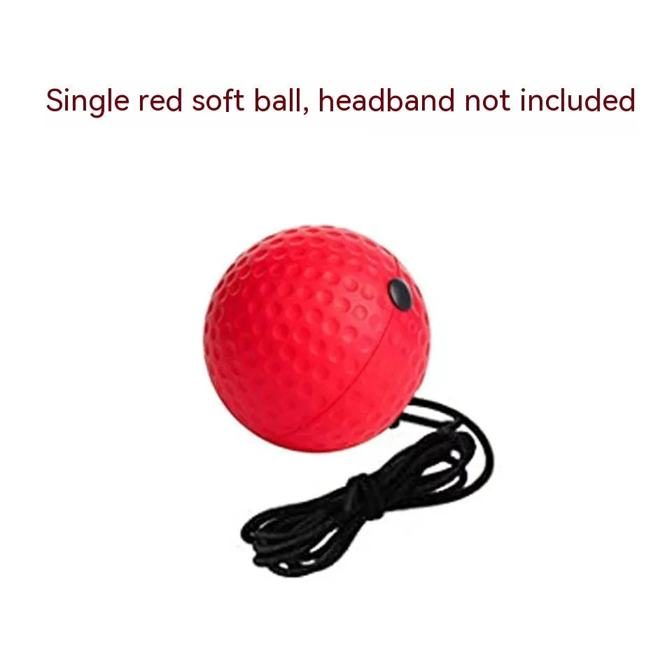 Head-mounted boxing reaction training ball set with adjustable headbands and multiple coloured balls on a white background.