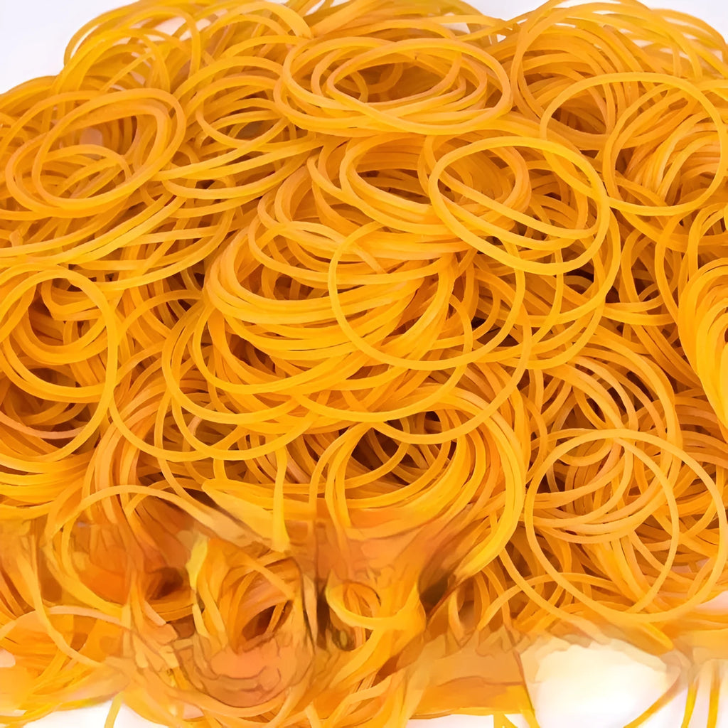 500g bulk pack of yellow rubber bands in multiple diameters from 25mm to 70mm