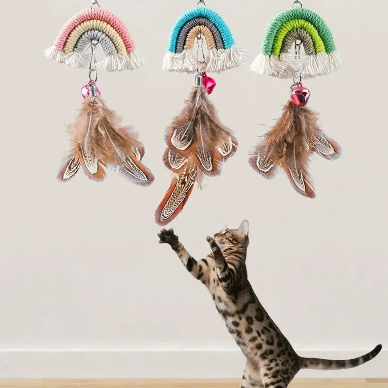 Feather cat rope door hanging toy with elastic swing and sticky buckle clamp in blue, green, or pink