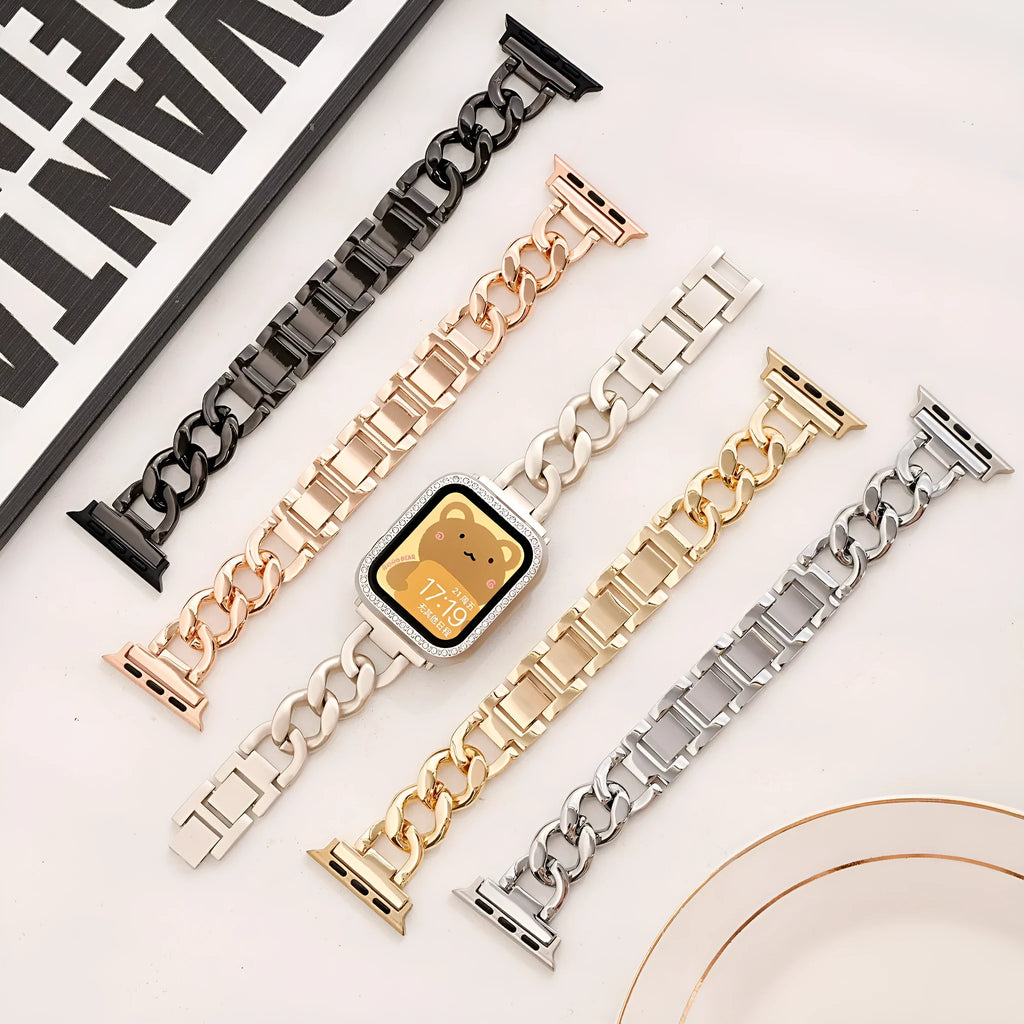 Denim chain link metal strap for Apple Watch in silver, black, gold, rose gold, and Starlight colours