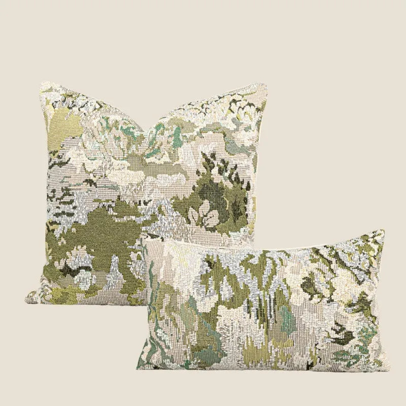 Antique green wool blend pillowcase with French style spring flowers botanical pattern, shown in square and waist sizes.