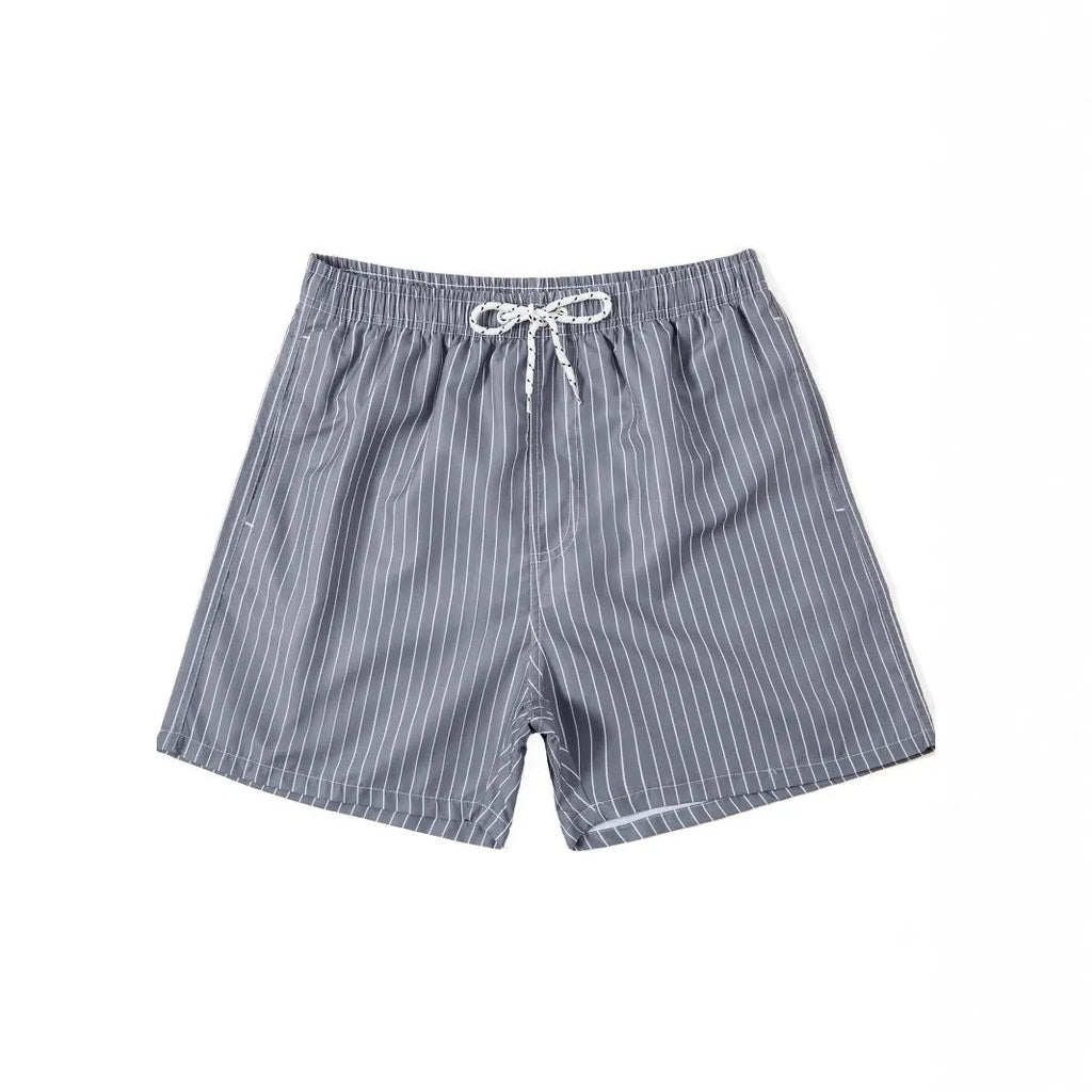 Men's navy blue striped beach shorts with straight leg opening and triangle lining