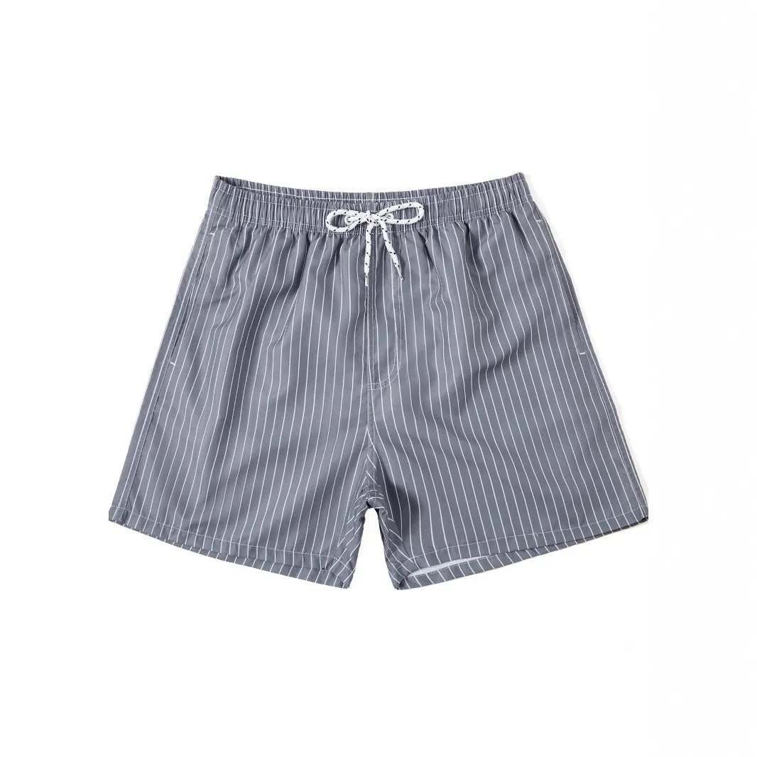 Men's navy blue striped beach shorts with straight leg opening and triangle lining