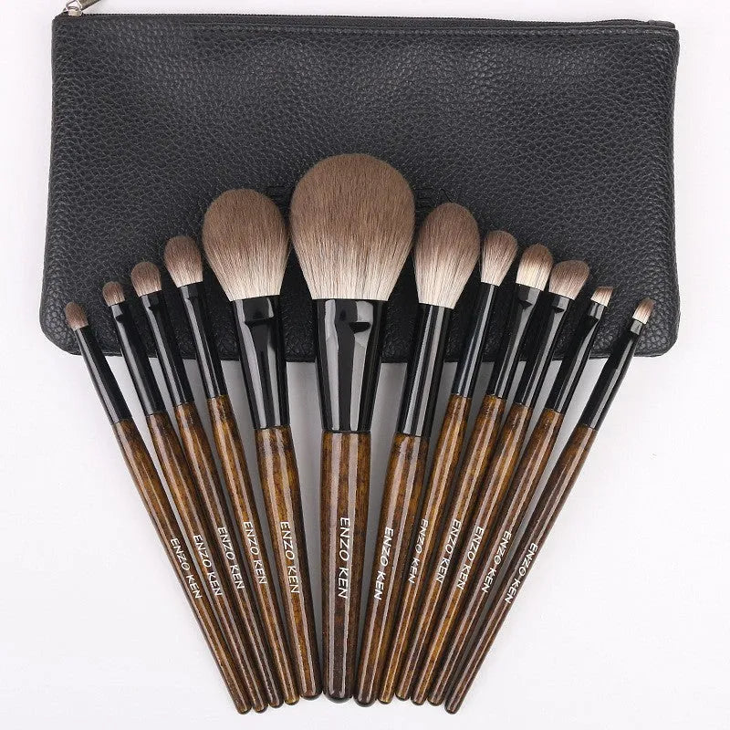 12-piece makeup brush set in PU roll case with wooden handles