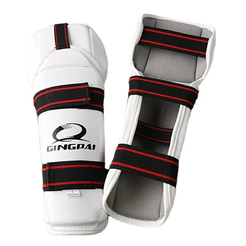 Taekwondo protective gear set showing arm guards and leg protectors with PU EVA foam construction