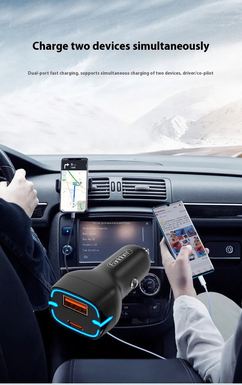 Black car charger with QC3.0 fast charging and PD USB output for cigarette lighter socket