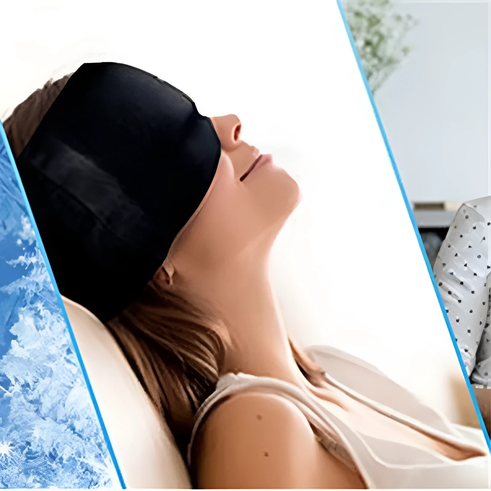 Black elastic cloth gel ice relief eye mask shown on adjustable mannequin head