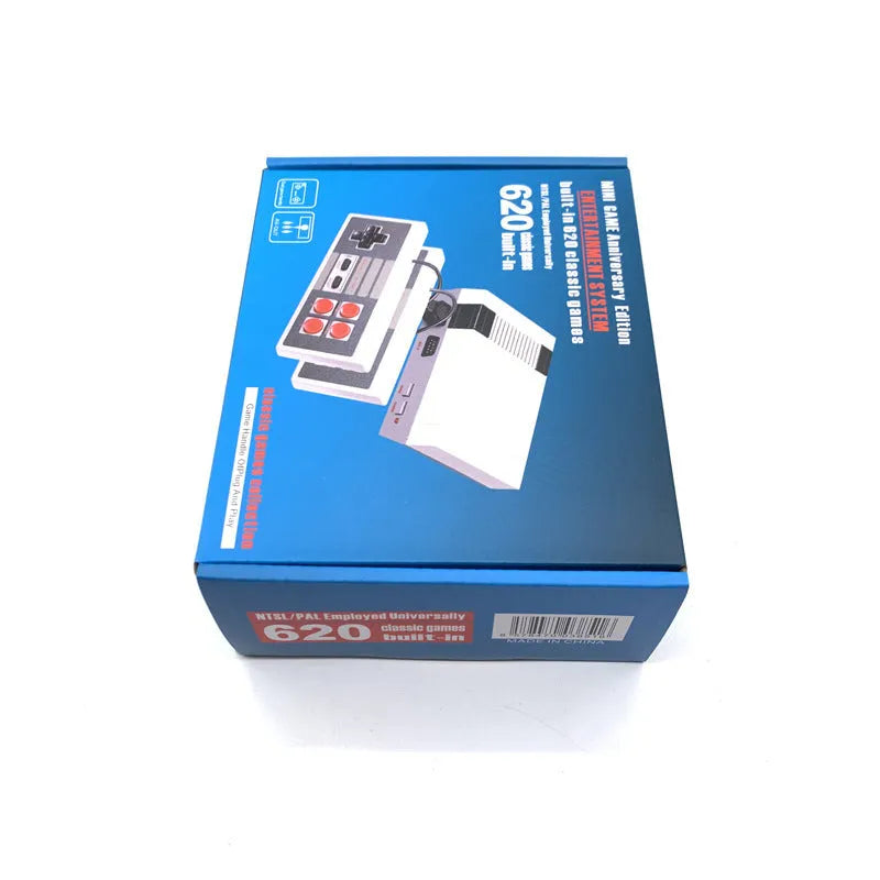 NES 8-bit retro gaming console with two controllers, AV cable, and power supply on dark surface