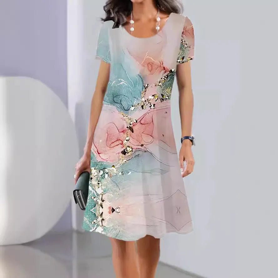 Women's floral print mid-length dress with short sleeves and A-line skirt in ice silk fabric