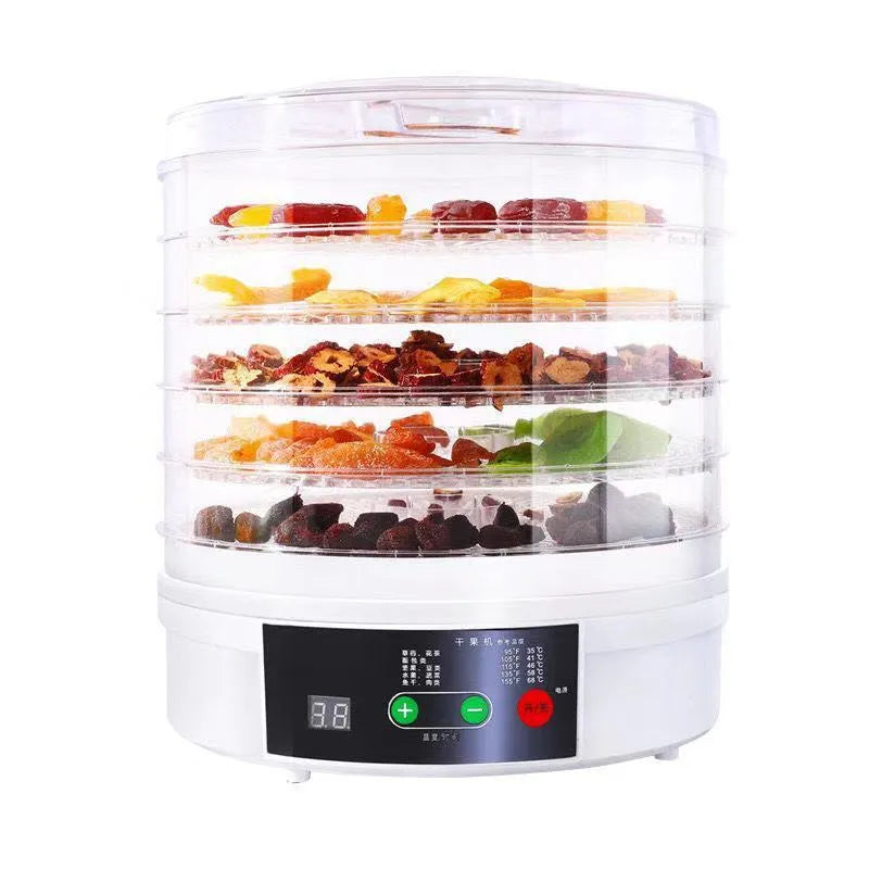 Five-tray household fruit dehydrator with removable shelves on kitchen counter