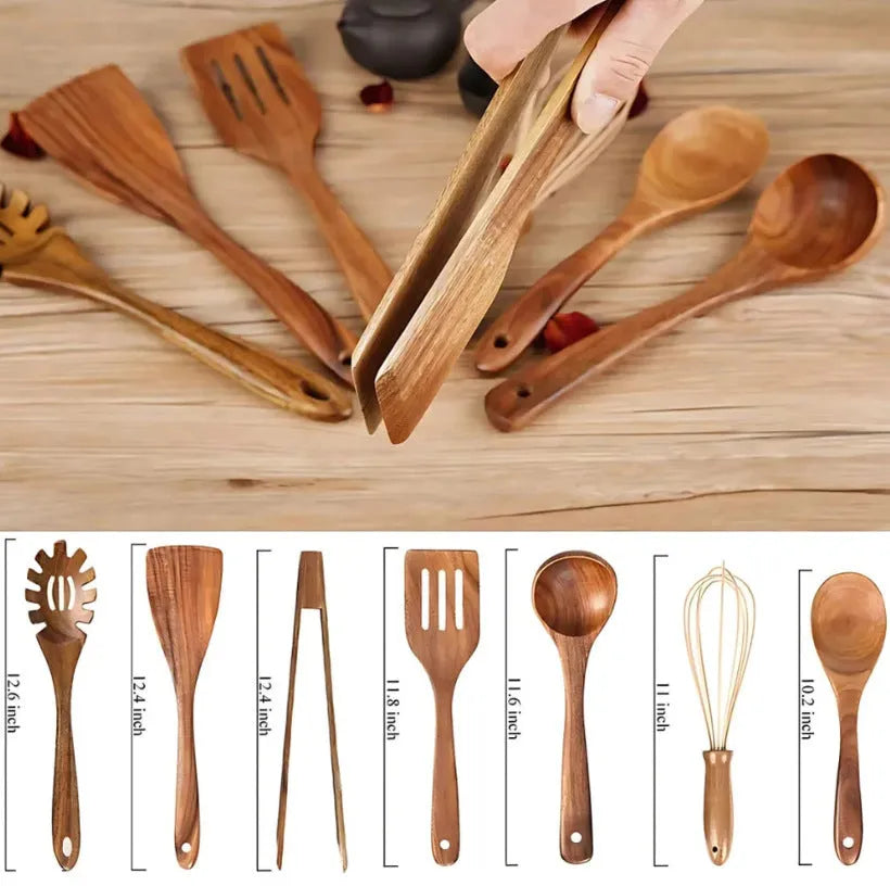 Seven-piece wooden cooking utensil set with natural finish for non-stick pans