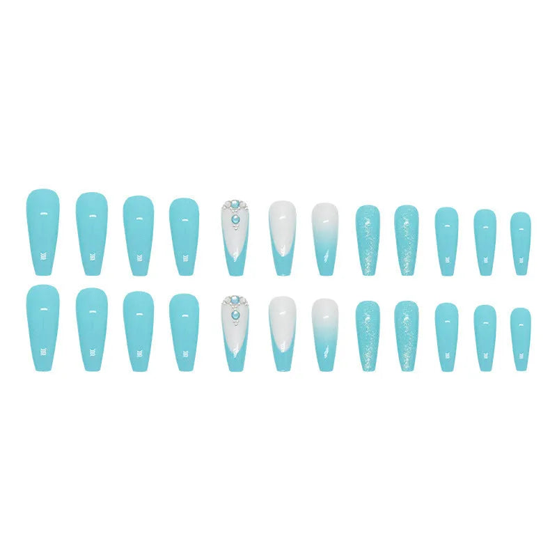 Long ballet artificial nails in solid smart blue diamond colour with adhesive glue