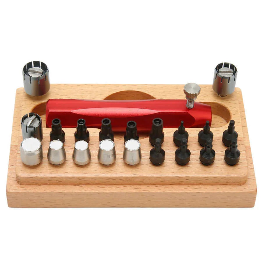 20-piece steel watch repair tool set with barrel opening tools in storage case