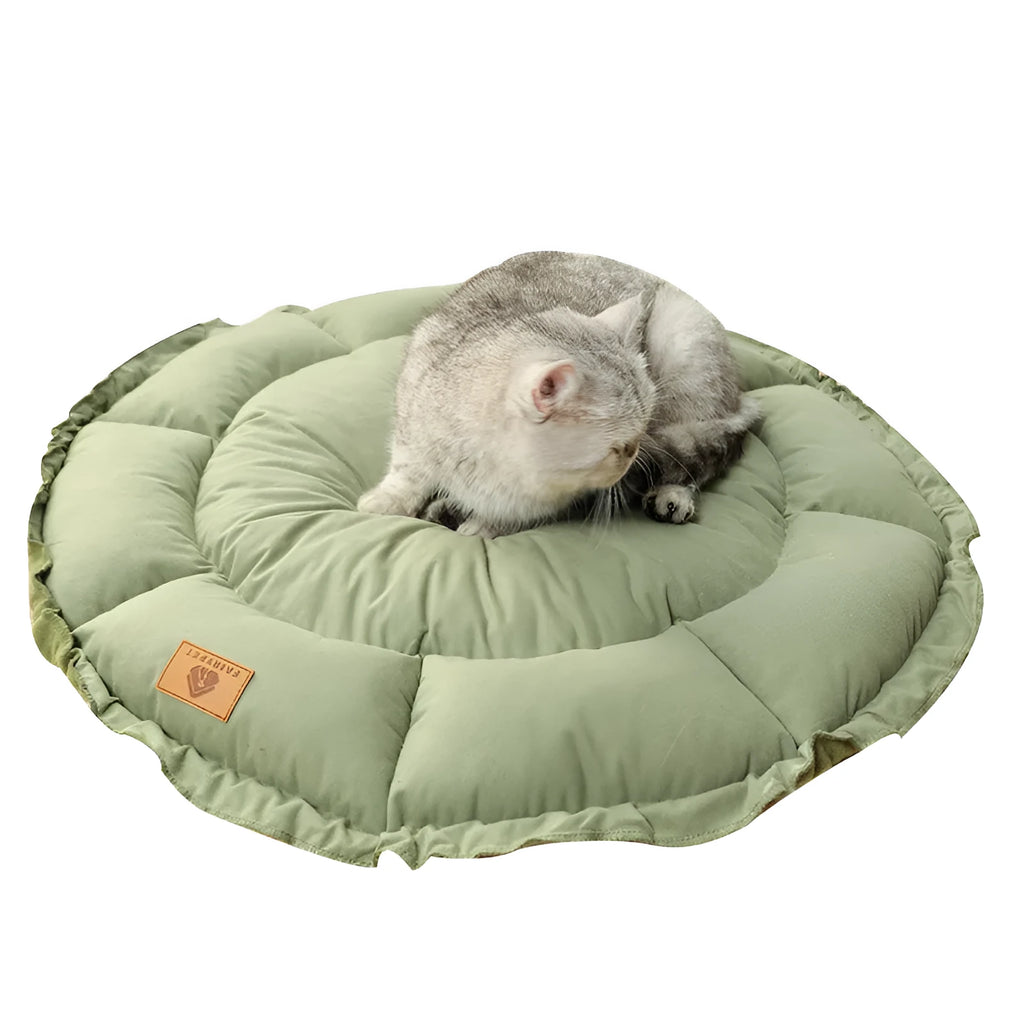 Gray and green reversible donut cat bed for indoor cats, shown in small, medium, and large sizes.