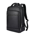 Black genuine leather men's business computer backpack with curved shoulder strap and sewing line detailing