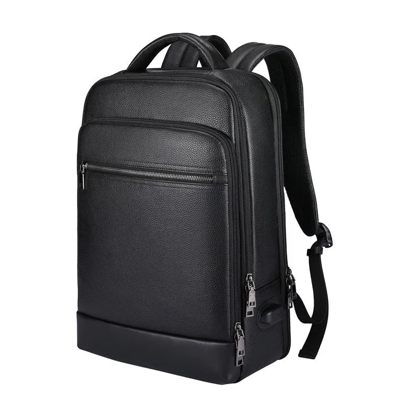 Black genuine leather men's business computer backpack with curved shoulder strap and sewing line detailing