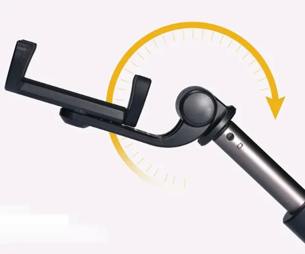 Black aluminium alloy Bluetooth selfie stick with tripod bracket extended, holding smartphone