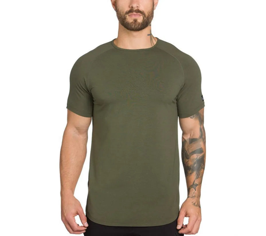 Mens plain cotton blend gym shirt in army green colour with optional letter print design for fitness workouts