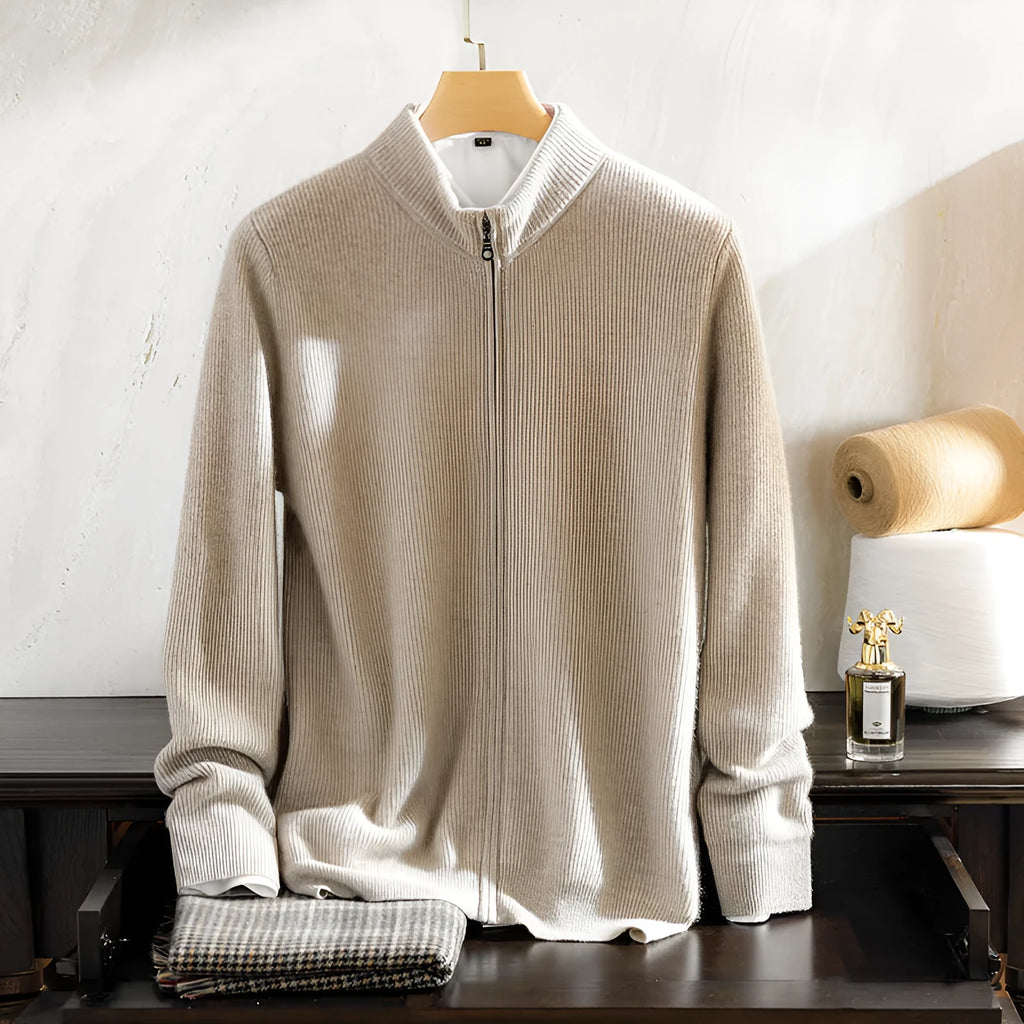 Men's cashmere round neck zip cardigan sweater in camel colour, long sleeves, winter wear