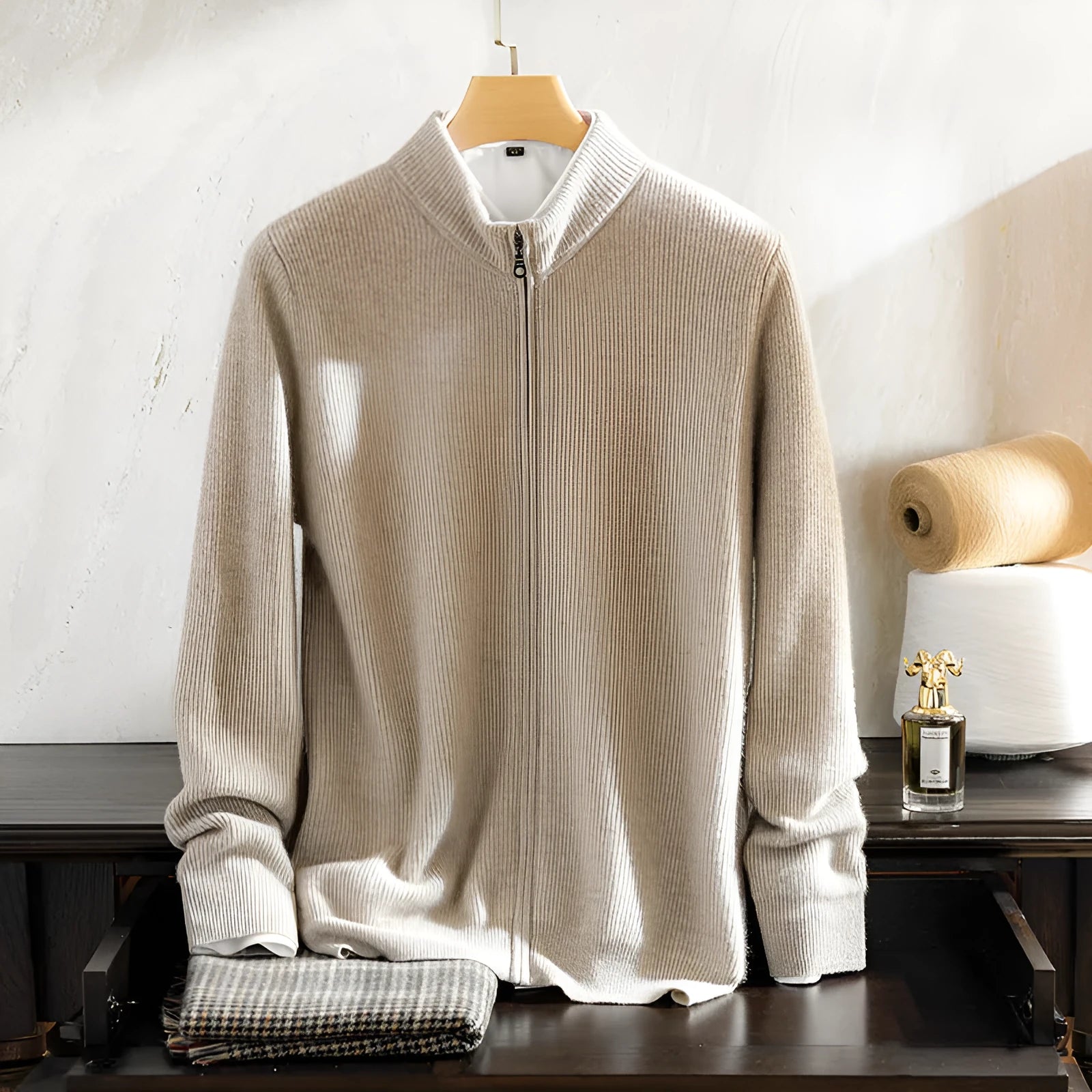 Men's cashmere round neck zip cardigan sweater in camel colour, long sleeves, winter wear