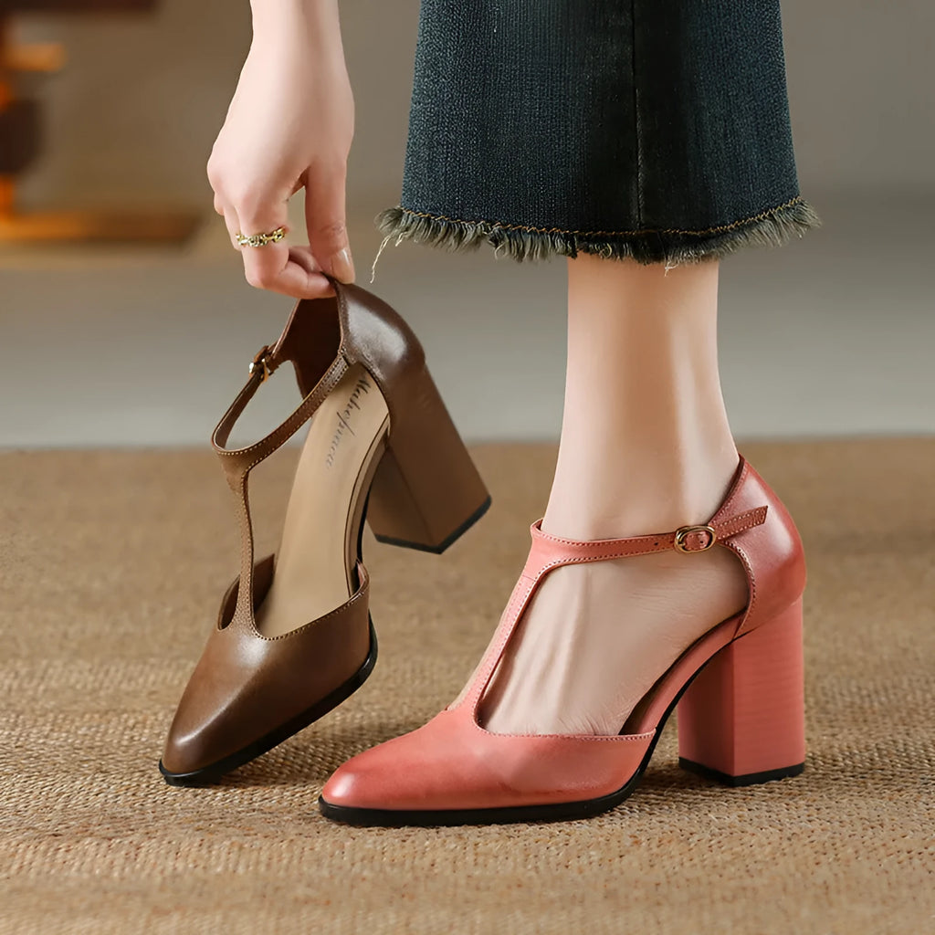 Baotou hollow women's retro pointed Mary Jane shoes in pink and dark brown with buckle fastening.