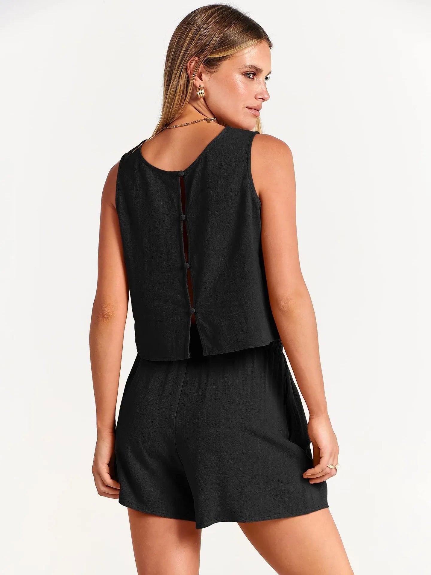 Women's rayon linen summer 2-piece set showing sleeveless top and drawstring shorts