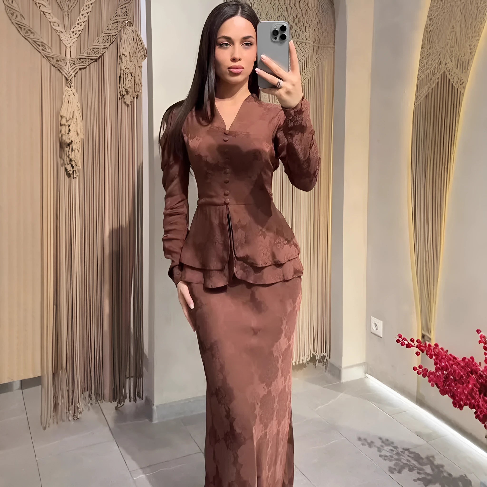 Dark brown retro artistic long dress with floral plant pattern, button detailing, and long sleeves