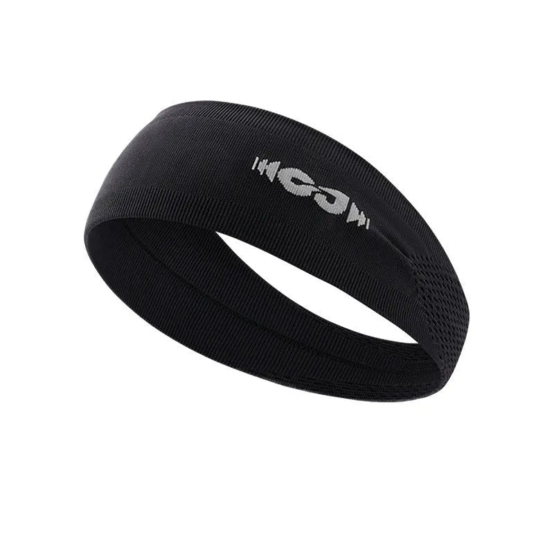 Seamless knitted sports hair band in black, grey, and blue for men and women during exercise.