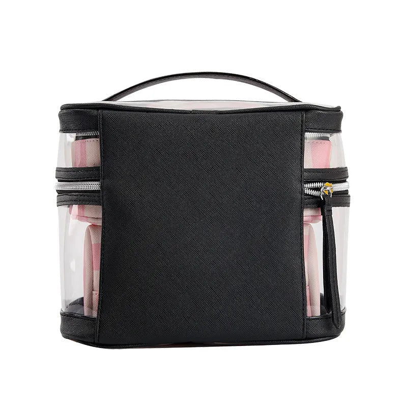 Pink bold stripes flower pattern makeup bag with waterproof synthetic leather and folding compartments
