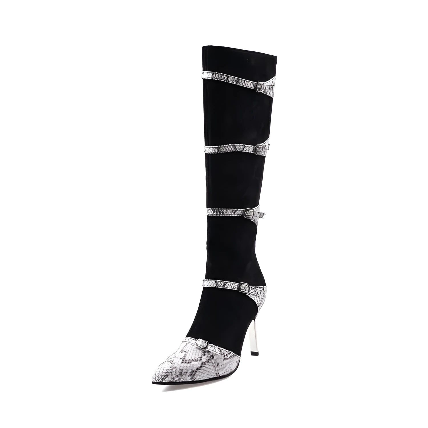 Women's black knee high heeled boots with a 9cm thin heel and velvet lining on a grey background.