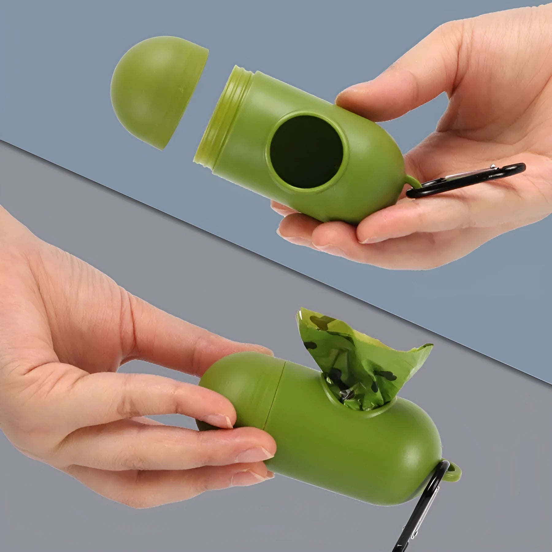 Military green degradable dog poop bags with black bone print pattern, showing roll configuration
