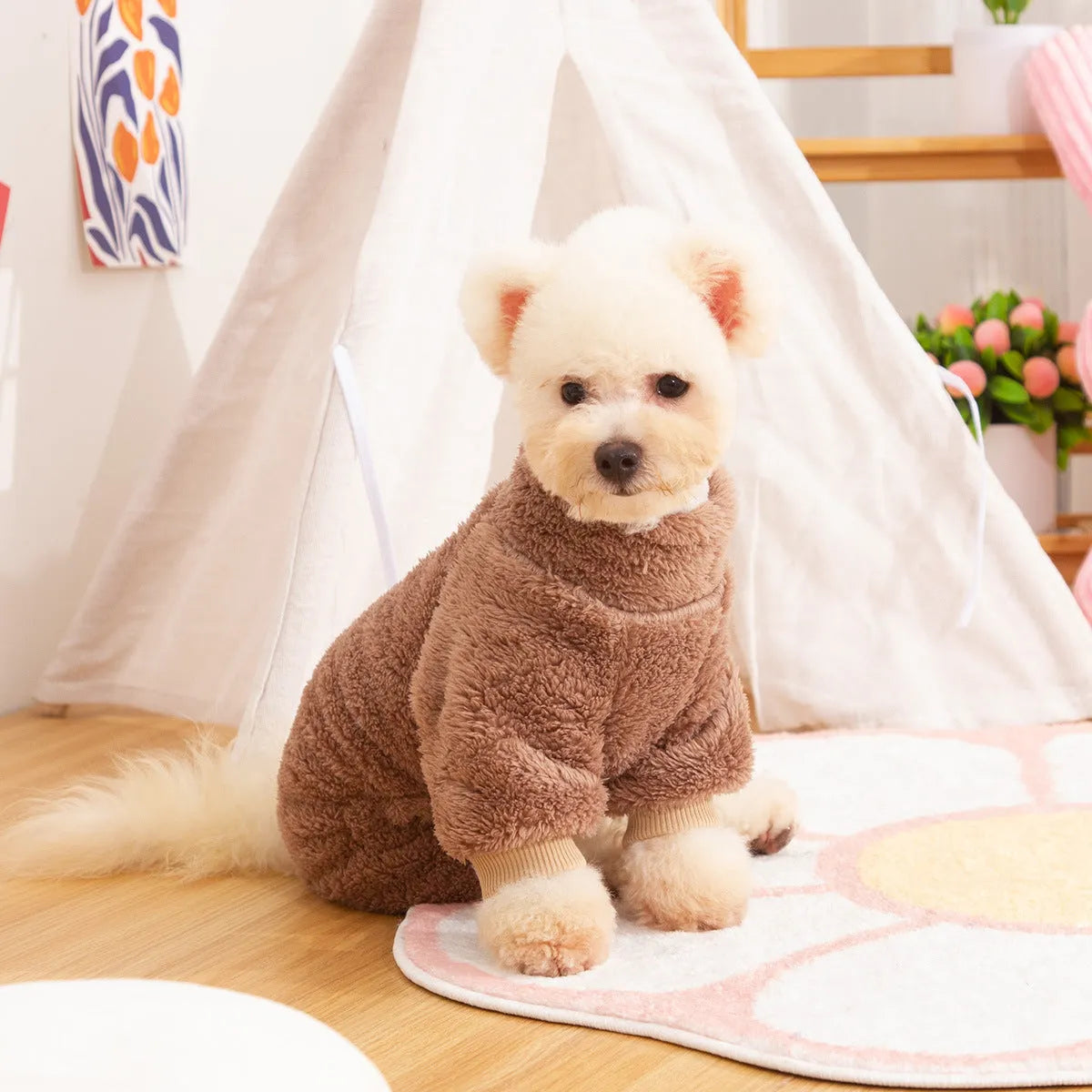 Double-sided thick plush dog clothing with high collar and towing ring in khaki colour