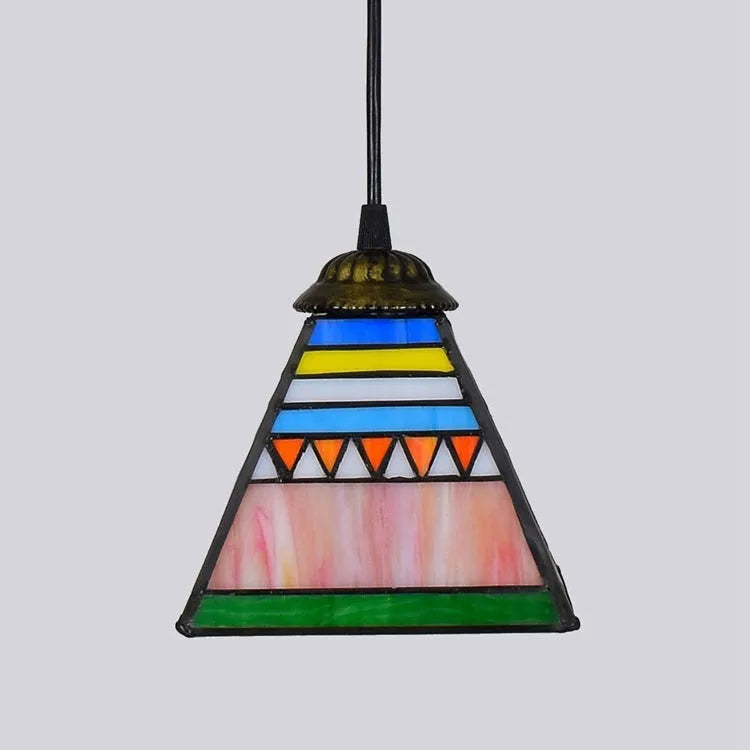 Small art stained glass pendant droplight with coloured glass shade and iron ceiling mount